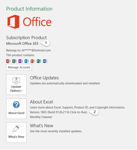 מידע על מוצר Microsoft Office בדוגמה באנגלית